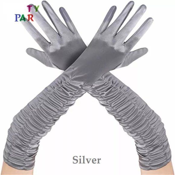 Elbow Length Long Satin Gloves Shirred Elbow Gloves - Picture 6 of 9